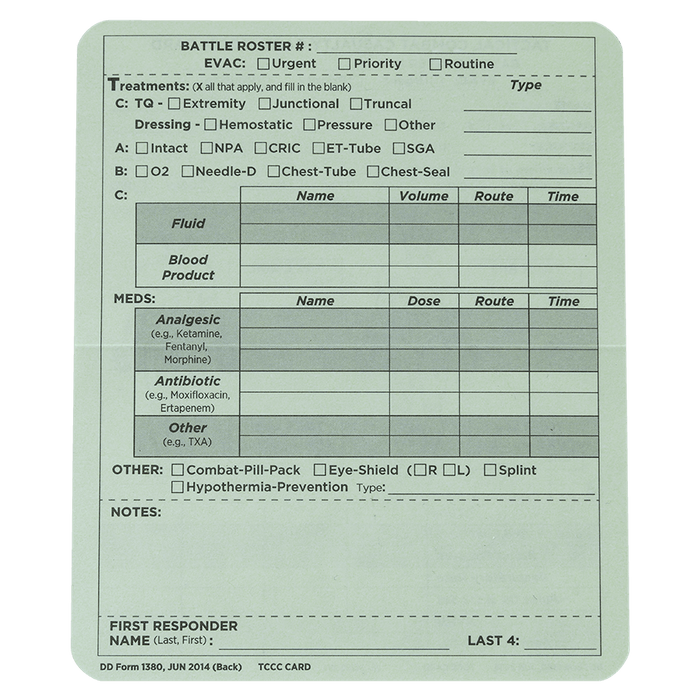 TCCC/MIST Combat Card, 5"x6" (50/pk)