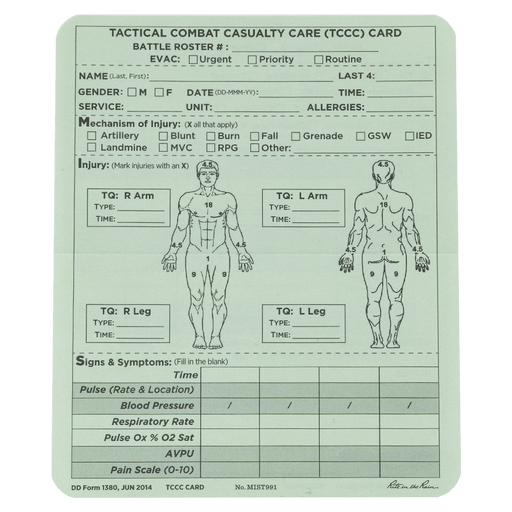 TCCC/MIST Combat Card, 5"x6" (50/pk)