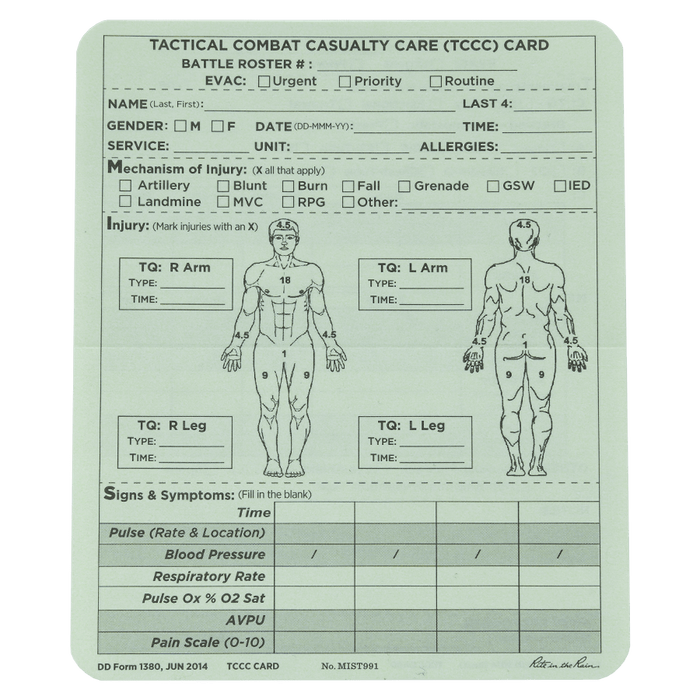 TCCC/MIST Combat Card, 5"x6" (50/pk)